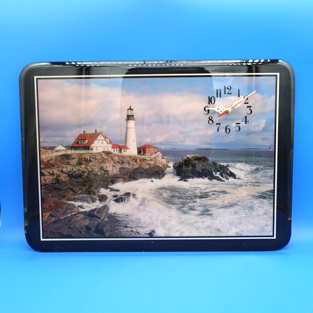 Lighthouse Coastal Ocean Scene Wall Clock 15" x 21" Black Frame Quartz Canada